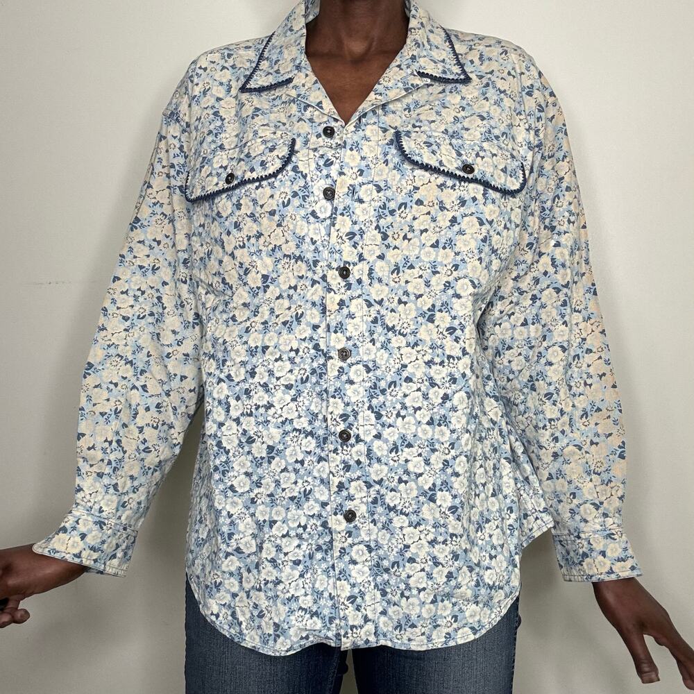 VINTAGE | LizWEAR 80s 90s Floral Cotton Long Sleeve Button up Blouse Size Medium